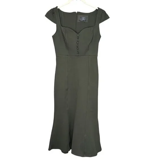 Anthropologie Cecily Dress XS Olive Green Button Front Fit Flare Midi Cap Sleeve - Picture 1 of 13